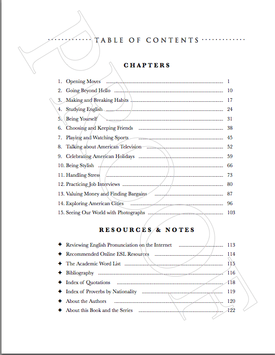 Table of contents page listing chapters and resources