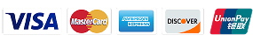 Payment card logos: Visa, MasterCard, AmEx, Discover, UnionPay